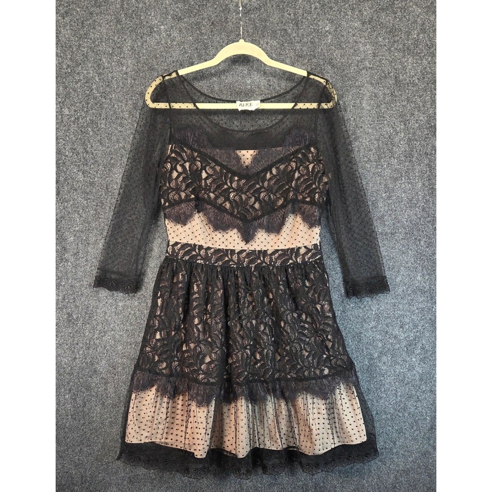 Alice by Temperley Lace Mesh Fit Flare Dress Womens Size 8 Black Nude Whimsigoth